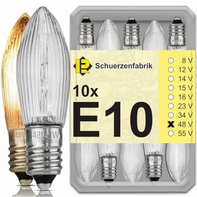 Afbeelding van Schuerzenfabrik 10 x reservelampen E10 48 V 3 W voor lichtsnoeren, kerstslingers, lichtboog, kerstkandelaar