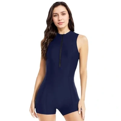 Afbeelding van BEACHKINI damesbadpak met korte mouwen/mouwloos, eendelig boyleg badpak, opstaande kraag, Tibetaanse Blauw