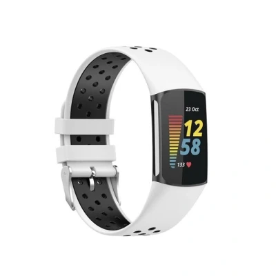 Afbeelding van FitBit Charge 5 &amp; 6 Sportbandje met gesp Wit / zwart Tweekleurig Maat: L