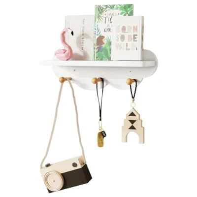 Afbeelding van WOLTU Wandrek, wolk, boekenkast voor kinderen, wanddecoratie, wolkvorm, wandrek wit rek, met 3 haken, van MDF, 36 x 20,5 12 cm