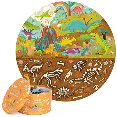 Afbeelding van Stoere dinosaurussen ronde puzzel 150 stukjes 58cm diameter gemaakt van recycled karton