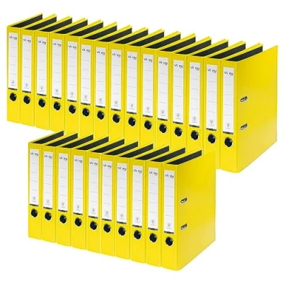 Afbeelding van von Leitz 10560015 25 stuks DIN A4 kartonnen map met kunststof omslag, rug 50 mm, voor 350 vellen, blauwengel en FSC gecertificeerd, school, studie thuis, geel