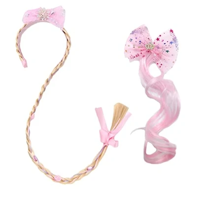 Afbeelding van 2 stuks prinsessenjurk, hoofdband, prinses, Rapunzel, vlechten voor meisjes, glad haar, pruiken, haarband, woonkamer, feest, cosplay, kostuum (roze)