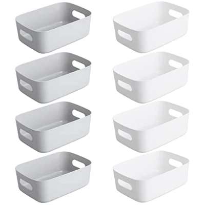 Afbeelding van Bgfuni opbergmand van kunststof, wit, 8 stuks, met handvat voor stapelbare kasten, keuken, slaapkamer, badkamer, kantoor, 20 x 14 7,5 cm (wit)