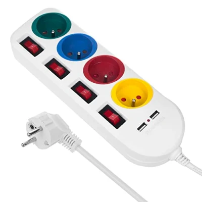 Afbeelding van Maclean Stekkerdoos met schakelaars penaarde 4 voudig + 2x USB 250VAC/10A, 2,1A 5V 1.5m Wit