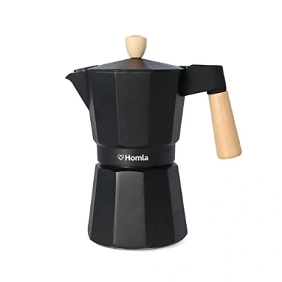 Afbeelding van HOMLA Mia mokka espressomaker voor 6 kopjes heerlijke koffie espresso koffiezetapparaat gasfornuizen &amp; inductiekookplaten aluminium + beukenhout wit