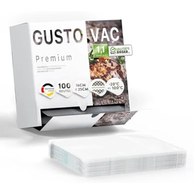 Afbeelding van GustoVac 100 vacuümzakken voor levensmiddelen, wafelpatroon, gemaakt in Europa, 16 x 25 cm, levensmiddelen