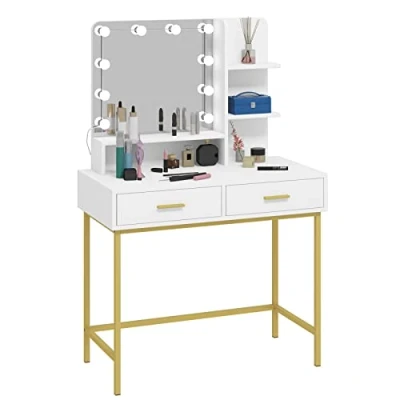 Afbeelding van WOLTU make uptafel met spiegel en 10 ledlampen, 2 laden 3 legplanken, moderne slaapkamerkast van hout metaal, 90 x 45 137 cm, wit + goud, MB6090ws