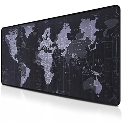 Afbeelding van Retoo Gaming muismat met wereldkaart, 800 x 300 mm, multifunctionele en antislip bureauonderlegger, grote XXL onderlegger, tafelonderlegger die precisie snelheid verbetert, zwart