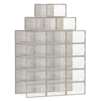 Afbeelding van SONGMICS LSP18SW30 Schoenendozen van kunststof, opvouwbaar, stapelbaar, voor schoenen tot maat 44, transparant/beige havervlokken, 18 stuks