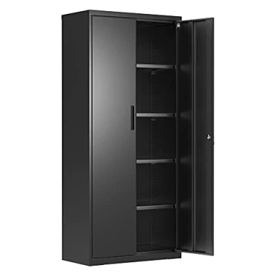 Afbeelding van SONGMICS Opbergkast voor kantoor, van staal, kast met 4 planken, dubbele deuren, slot, gereedschapskast, verstelbare garage, zwart OMC015B01