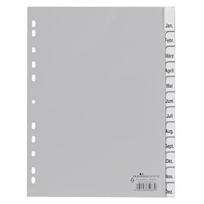Afbeelding van Durable 641010 tabbladen, A4, 12 toetsen, gelaste tabbladen en inzetplanken, 1 12/Jan Dec universele perforatie, polypropyleen, 120 micron, kleur: grijs