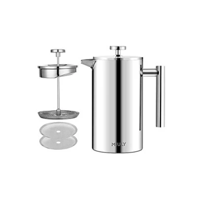 Afbeelding van MaxMiuly French Press Dubbelwandige Koffiezetapparaat van roestvrij staal met 2 extra zeven, 0,35 l, zilver, 350 ml (2 kopjes)