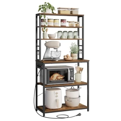 Afbeelding van VASAGLE Keukenrek met stekkerdoos, rek voor koffiezetapparaat, 6 planken, haken, magnetron, stalen frame, 40 x 80 167 cm, rustiek bruin en inktzwart KKS119K06