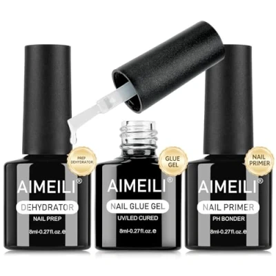 Image de AIMEILI Vernis Gel Lot de 3, Nail Primer Déshydrateur, Colle à Ongles, Faux Ongles Extra Forte Glue pour Pose Américaine Capsules Presser sur les