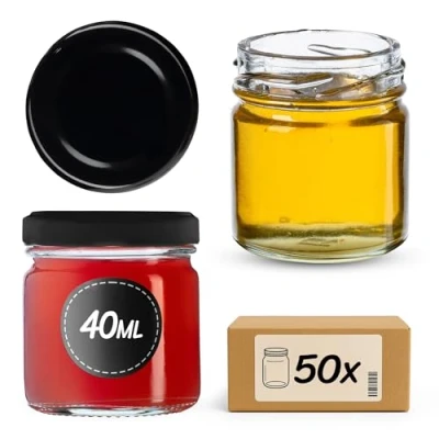 Afbeelding van KADAX Set van 50 mini glazen potten 40 ml met schroefdeksel, reageerpotten, jampotten, kleine honingpotten, ronde (zwarte deksels)