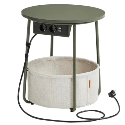 Afbeelding van VASAGLE Ronde bijzettafel met laadstation, kleine tafel stopcontact, salontafel, USB poorten, stoffen mand, woonkamer, slaapkamer, modern nachtkastje, bosgroen, crèmewit, LET228C05