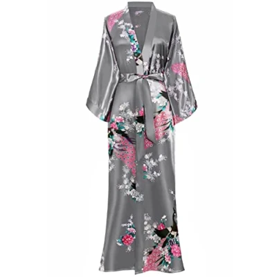 Afbeelding van BABEYOND Kimono voor dames, badjas, pauwenpatroon, 135 cm, grijs.