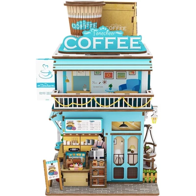 Afbeelding van Tonecheer bureau prullenbak: Cape Coffee Shop Houten 3D puzzel Sensor DIY miniatuurhuis TQ181