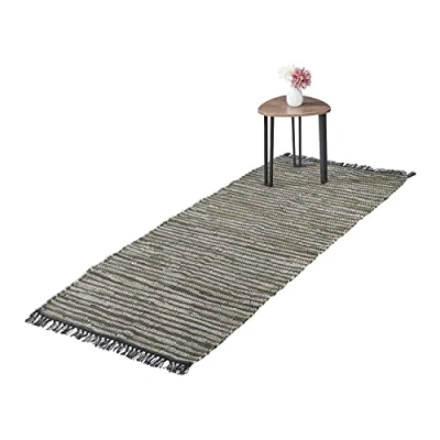 Afbeelding van Relaxdays vloerkleed leder en katoen tapijt antislip chill mat lappen franjes Groen, 80 x 200 cm