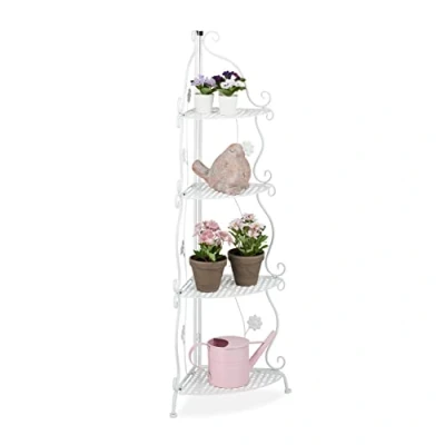 Afbeelding van Relaxdays plantenrek hoek 4 etages metalen bloemenrek inklapbare plantentrap buiten wit
