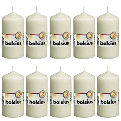 Afbeelding van Bolsius 10 stuks pilaarkaarsen, glad, ivoor, decoratieve stompkaarsen voor thuis, brandduur 33 uur, ongeparfumeerd, natuurlijke plantaardige was, 12 x 6 cm