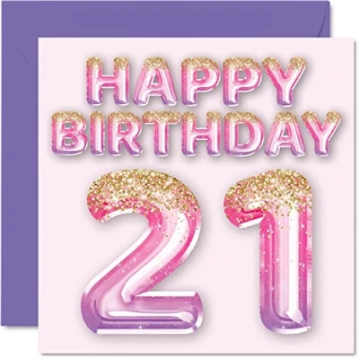 Afbeelding van Stuff4 Verjaardagskaart voor vrouwen, 21 jaar, roze en paarse glitterballonnen, verjaardagskaarten meisjes, zus, tante, neef, 145 mm x