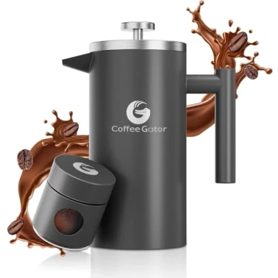 Afbeelding van cafetière, Franse koffie en theemaker, inhoud 1 liter, dubbelwandige koffiepers van roestvrij staal uitgevoerd in zwart; houdt langer warm. Met gratis bijpassend minikoffieblik matgrijs
