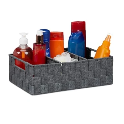 Afbeelding van Relaxdays opbergmand met 3 vakken organizer mandje kastmand handgrepen kunststof grijs