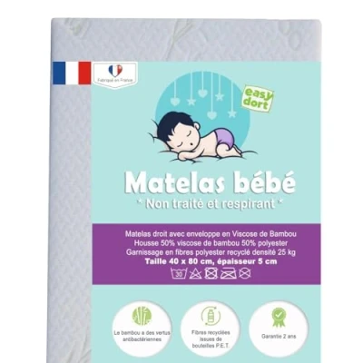 Afbeelding van Easy Dort Matras voor wieg 40 x 80 cm Babybed, reiswieg of bed Bamboe voering zomer en winter Dubbelzijdig Zeer comfortabel Gemaakt in Frankrijk Oekotex® Wit