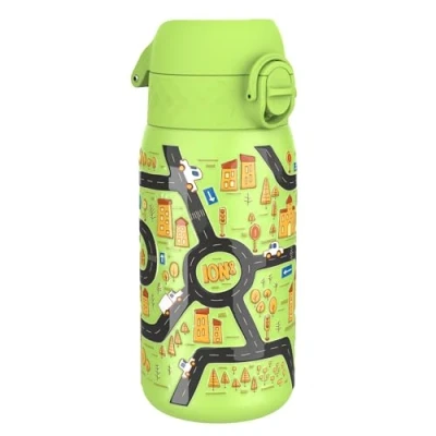 Image de ION8 Gourde Enfant Inox Léger, 400ml, Non Isolé, Anti Fuite, Facile à Ouvrir, Verrouillage Sécurisé, Lavable au Lave Vaisselle, Poignée de Transport, Nettoyer, Durable, Motif Voitures