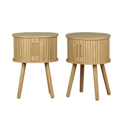 Afbeelding van sweeek Set van 2 ovale nachtkastjes met schuifdeuren, gegroefd houteffect, l40 x b34 h548cm