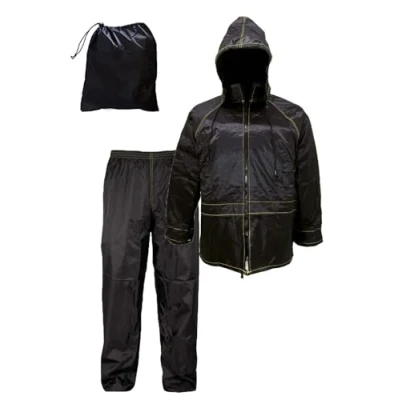 Afbeelding van Susy Shop Motorpak waterdicht winddicht met tas zwart jas en broek intrekbare capuchon heren dames scooter fiets regenset, zwart.