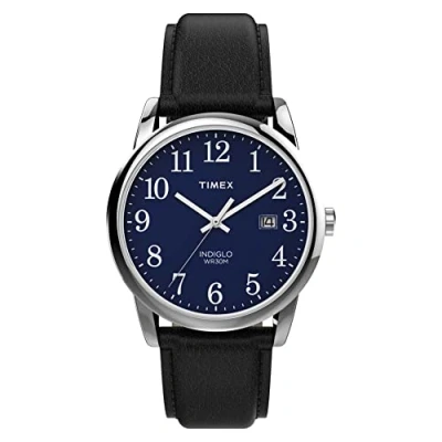 Afbeelding van Timex Easy Reader 35 mm voor heren met leren band, zwart/zilver/blauw, enkel