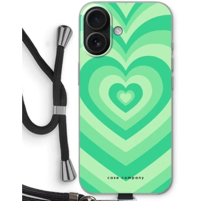 Afbeelding van Case Company® hoesje met Koord geschikt voor iPhone 16 Hart Groen Telefoonhoesje Zwart Bescherming aan alle Kanten en Over de Schermrand