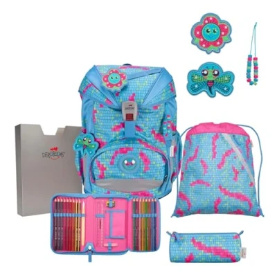 Afbeelding van DerDieDas Schooltas ErgoFlex Schulranzenset 5 delig Happy Pixel Lichtblauw