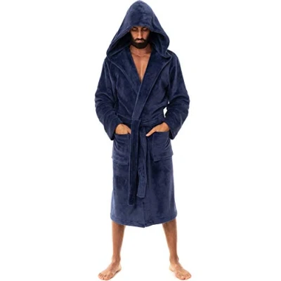 Afbeelding van John Christian Zachte fleece ochtendjas met capuchon, warm, marineblauw heren, Navy Blauw