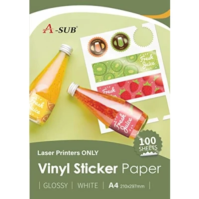 Afbeelding van A SUB Hoogwaardig, bedrukbaar vinylpapier, glanzend, wit, zelfklevend, vinyl etiketten voor laserprinters, DIN A4, 100 vellen