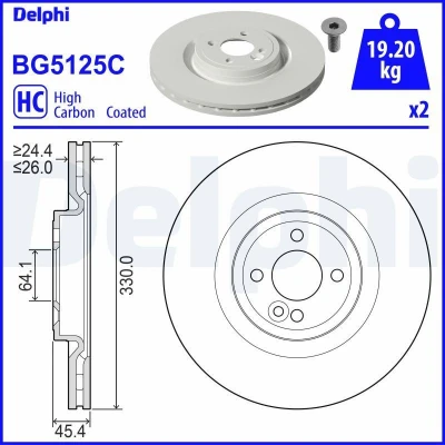 Afbeelding van DELPHI BG5125C Remschijf 330 26 4 Geventileerd Gecoat High carbon Zonder wiellager, ABS sensorring MINI: Hatchback
