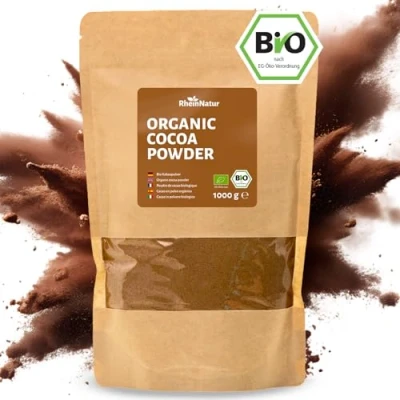 Image de RheinNatur Poudre de cacao bio 1 kg 100 % pur qualité biologique, non sucré et sans additifs Idéal pour la pâtisserie, le chocolat chaud les smoothies Sachet 1000 g