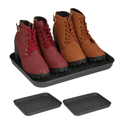 Afbeelding van Relaxdays schoenen lekbak set van 3 grijs afdruipbak uitlekbak laarzen
