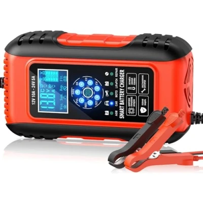 Afbeelding van Husgw Intelligente acculader, 10 A, 12 V/5 24 V, oplader, accuhouder en automatische reparatiefunctie, draagbaar, met lcd display, voor auto, motorfiets, vrachtwagen, AGM, gel, nat, SLA