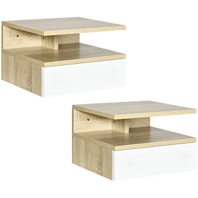 Afbeelding van HOMCOM Set van 2 nachtkastjes voor wandmontage, schuiflade, nis, blad, lichte en witte eikenlook spaanplaten