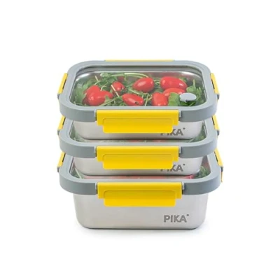 Afbeelding van Pika Set van 3 roestvrijstalen voedselcontainers en deksel gehard glas 2x 820ml + 1200ml magnetronbestendig MetalShock