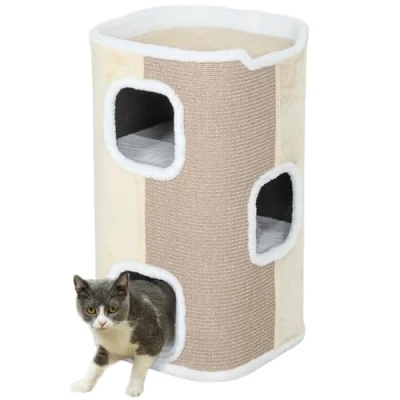 Afbeelding van PawHut Kattenboom 3 niveaus kattenklimboom kattenmeubel spaanplaat fluweelachtig polyester sisal beige 40 x 74 cm