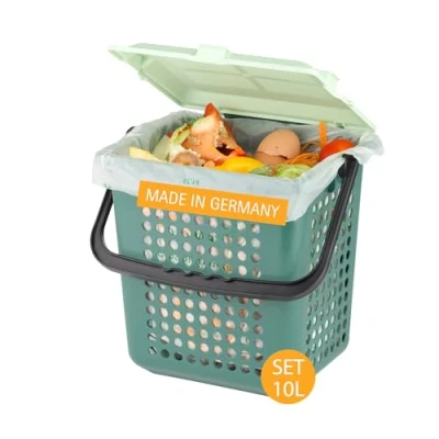 Afbeelding van bioMat AirBox® 52 stuks biologische afvalemmer voor de keuken, met composteerbare zakken van 10 liter (52 handgreep), compostemmer geperforeerd deksel
