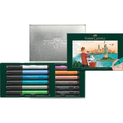 Afbeelding van Faber Castell Pitt Artist City Coffret cadeau de 12 stylos pinceaux New York, multicolore, pigmenté, imperméable, encre permanente, sans acide, dessin, croquis, art, artisanat, stylos, maison, bureau