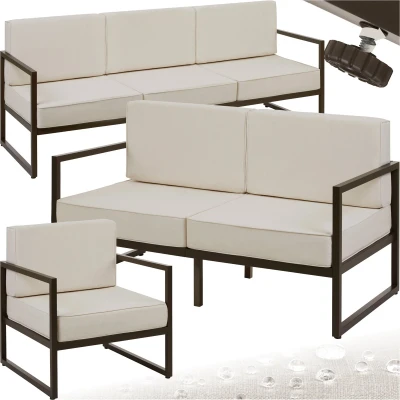 Afbeelding van tectake® Tuin loungeset Comosa Voor 6 personen Tuinset Grote bank, kleine bank en fauteuil Waterafstotende ultradikke zit rugkussens Draagkracht 120kg per zitplaats Bruin/beige