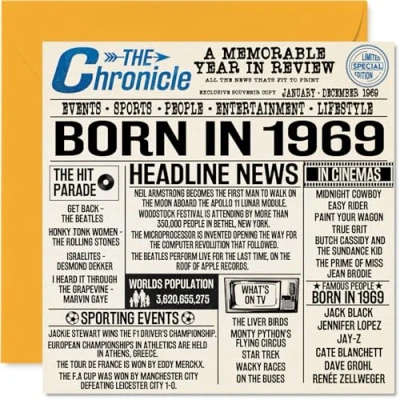 Image de Stuff4 Cartes de 55e anniversaire pour homme et femme Journal Born In 1969 Carte d&#039;anniversaire maman, papa, oncle, tante, vintage, rétro, Back 1969, 145 mm x