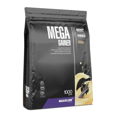 Afbeelding van Maxler Mega Gainer Gewichtstoename voor spieropbouw vanille 1000g combinatie van eiwitten, koolhydraten, vitaminen en mineralen 10% wei eiwit calorierijke shake